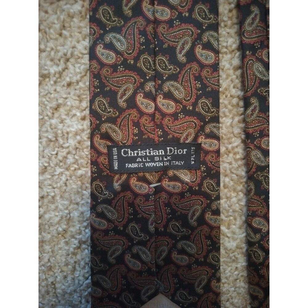 Vintage Christian Dior All Silk Red/Beige Paisley Black Tie Woven In Italy